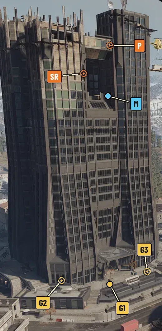 The Overlook from the south-east, with penthouse, safe room, skydeck and ground-floor spots G1 to G3 marked