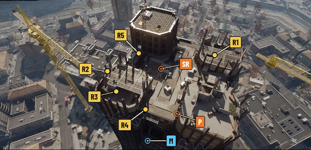 The Overlook roof from above, camera looking west, with spots R1 to R5, the safe room, penthouse and skydeck marked